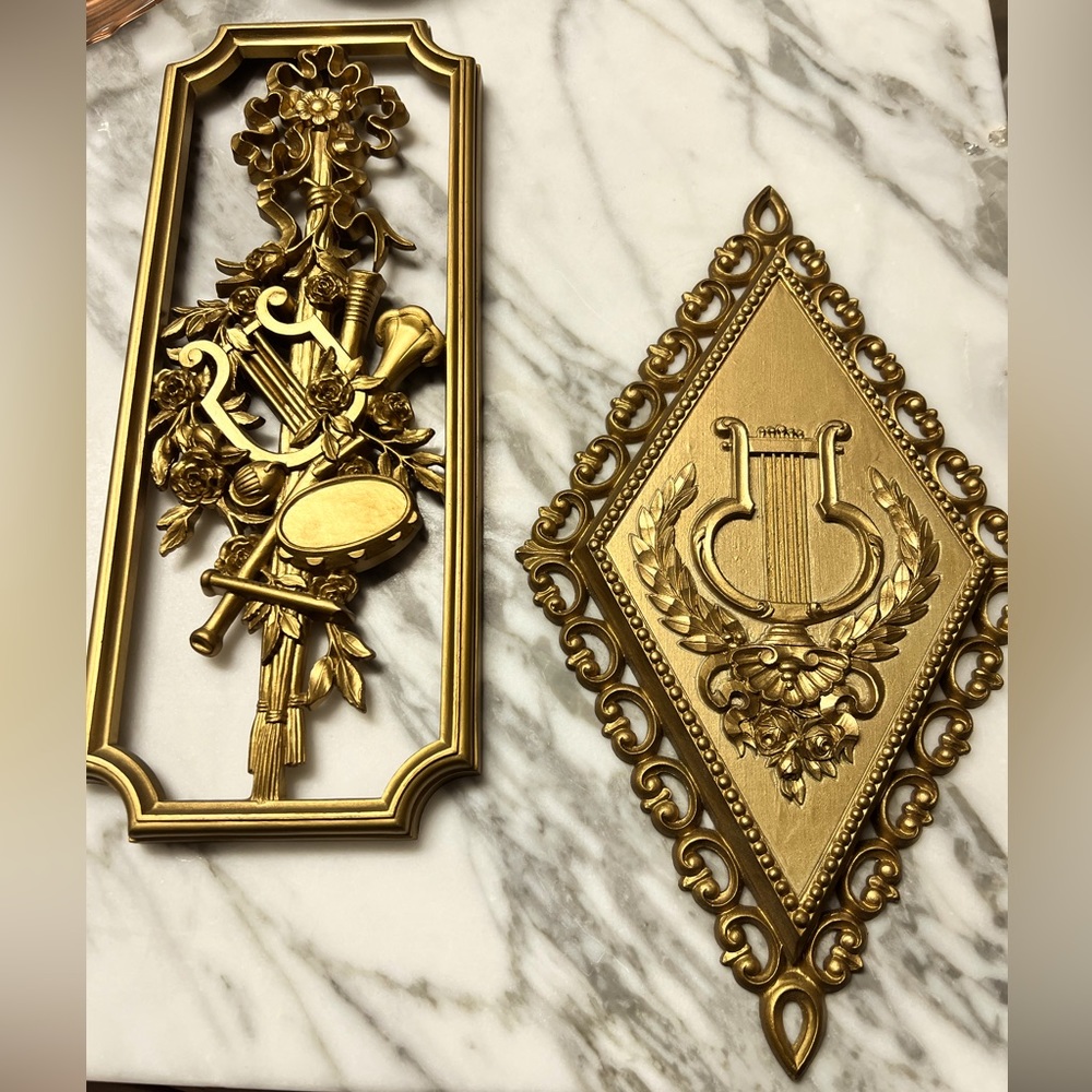 Vintage Homco Gold Wall Art Two Pieces - Musical Instruments and Lyre & Roses